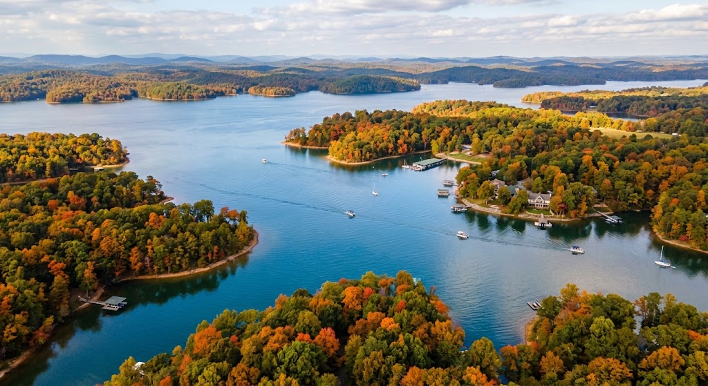 Aerial or waterfront shot of Fort Loudoun Lake or Tellico Lake in early fall