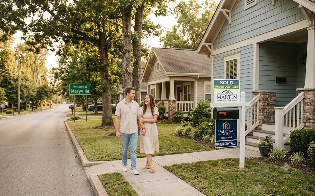 Family walking up to their new East Tennessee home after closing