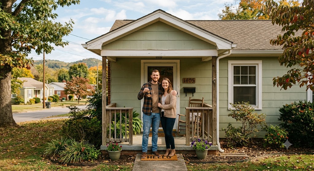 First time home buyers in East Tennessee holding new house keys