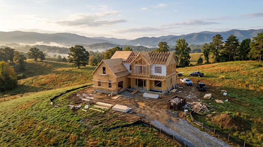 a new home at the framing or early drywall stage on a rolling East Tennessee lot, morning light, foothills behind.