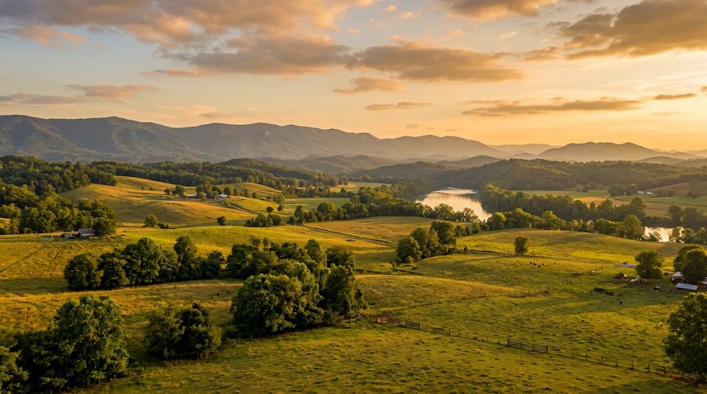 rolling pasture with a distant ridgeline near the Hiwassee River at golden hour
